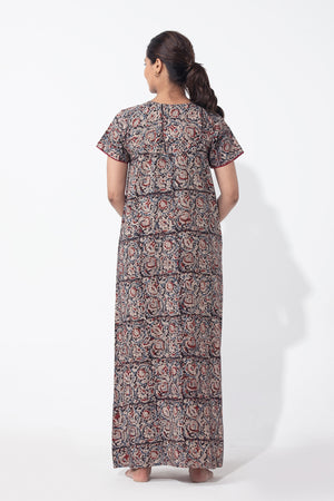 Kalamkari Maroon Nighty with Foil Mirror Embellished Yoke