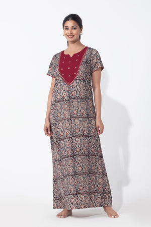 Kalamkari Maroon Nighty with Foil Mirror Embellished Yoke