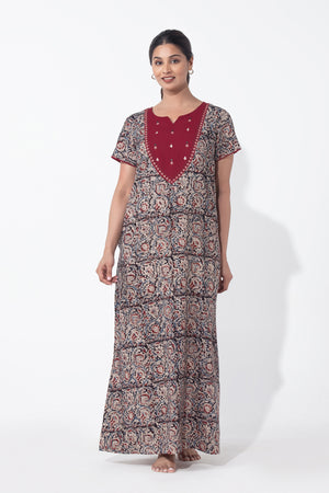 Kalamkari Maroon Nighty with Foil Mirror Embellished Yoke