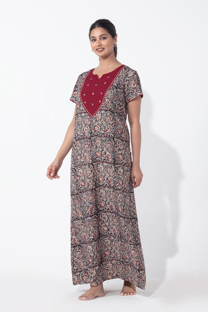 Kalamkari Maroon Nighty with Foil Mirror Embellished Yoke