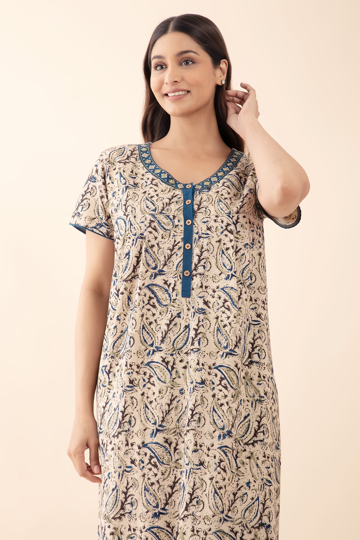 Kalamkari Printed Cotton Blue Nighty