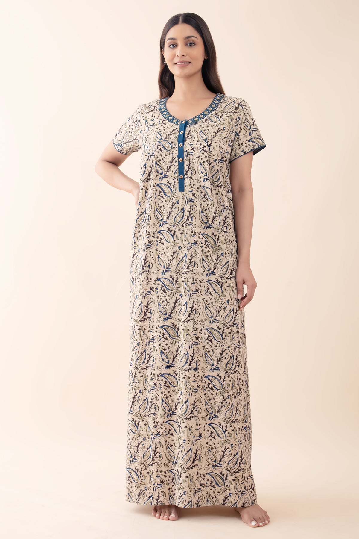 Kalamkari Printed Cotton Blue Nighty