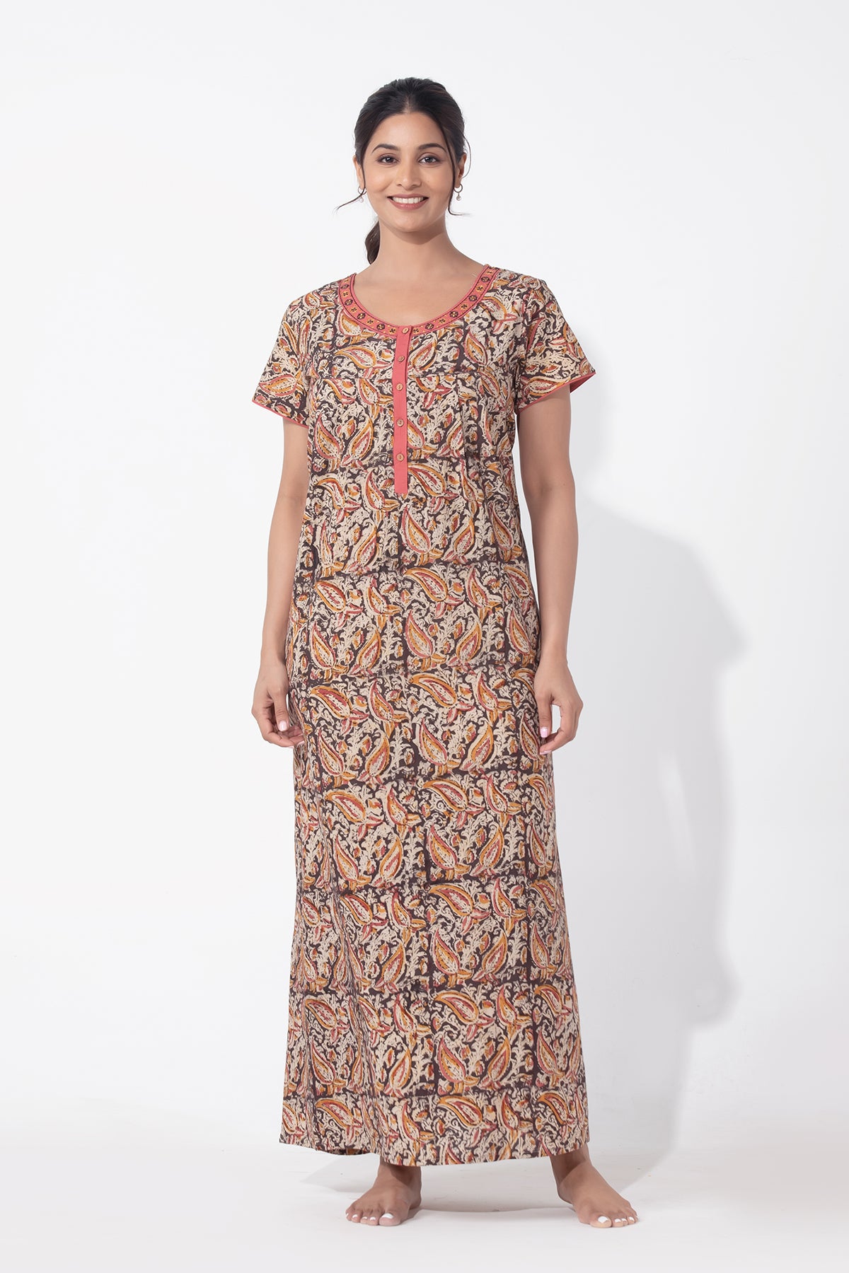 Kalamkari Printed Cotton Mustard Nighty