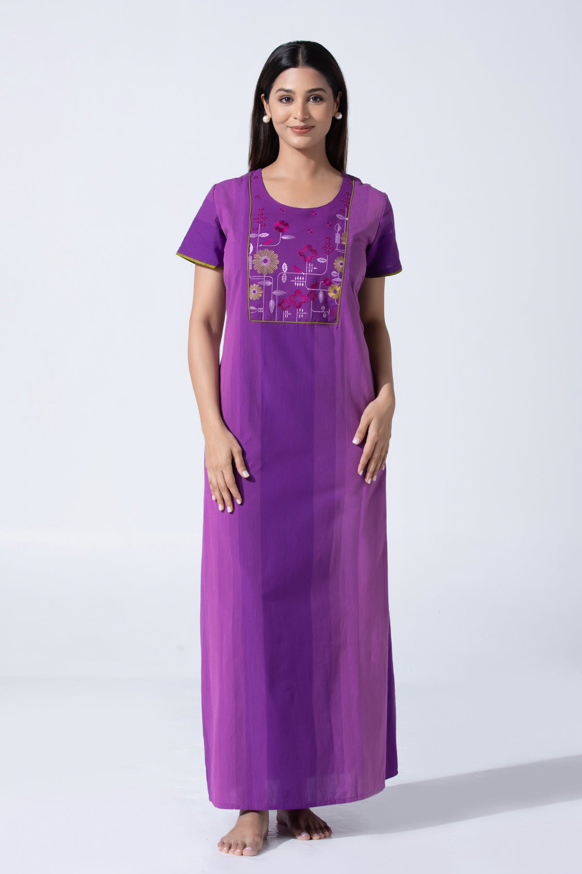 Purple Gradient Cotton Nightwear With Floral Embroidery
