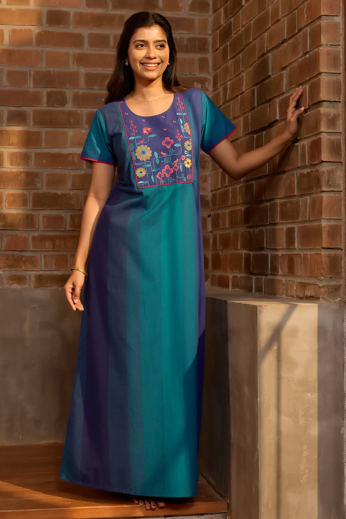 Turquoise Blue Striped Cotton Nightwear With Floral Embroidered Yoke