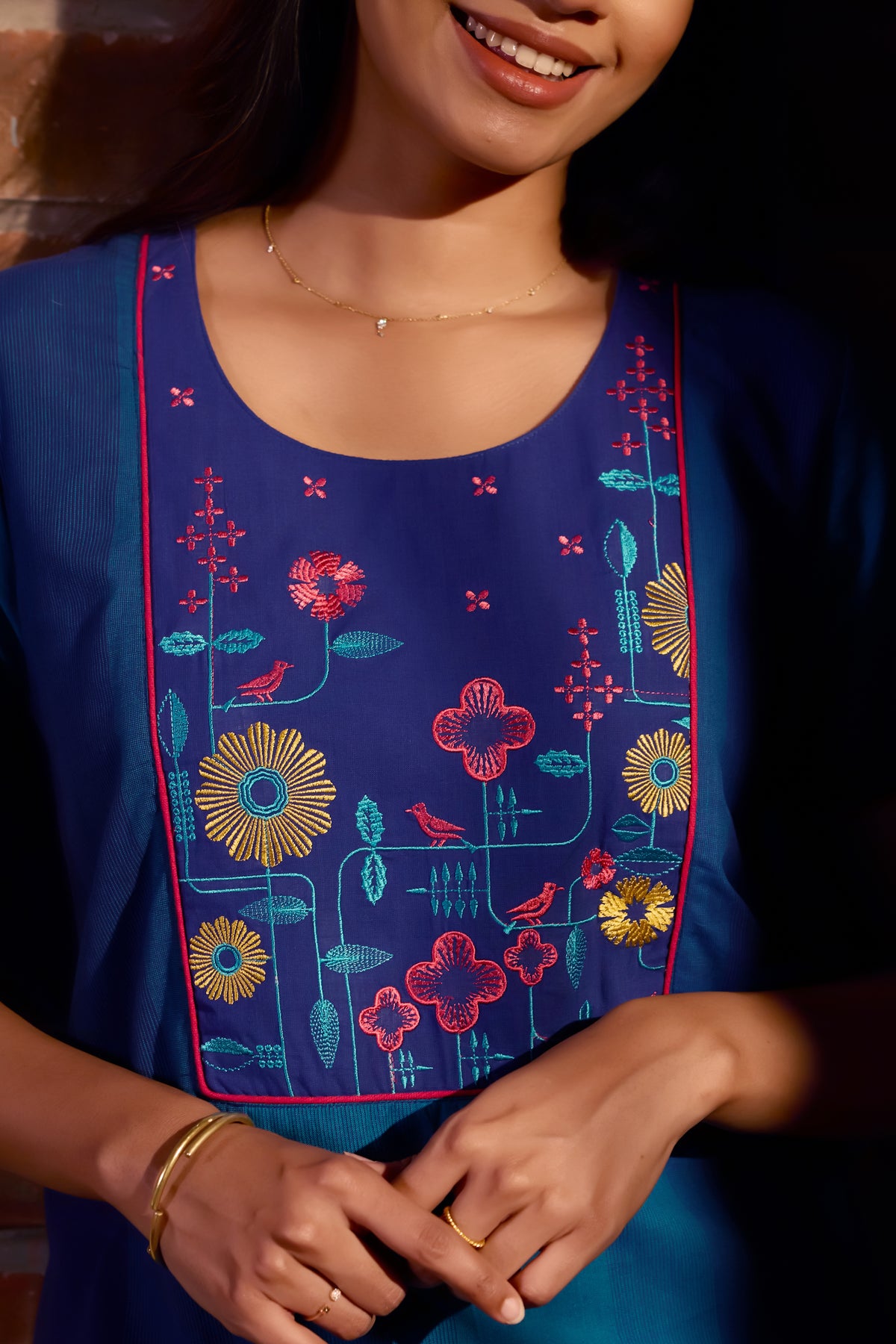 Turquoise Blue Striped Cotton Nightwear With Floral Embroidered Yoke