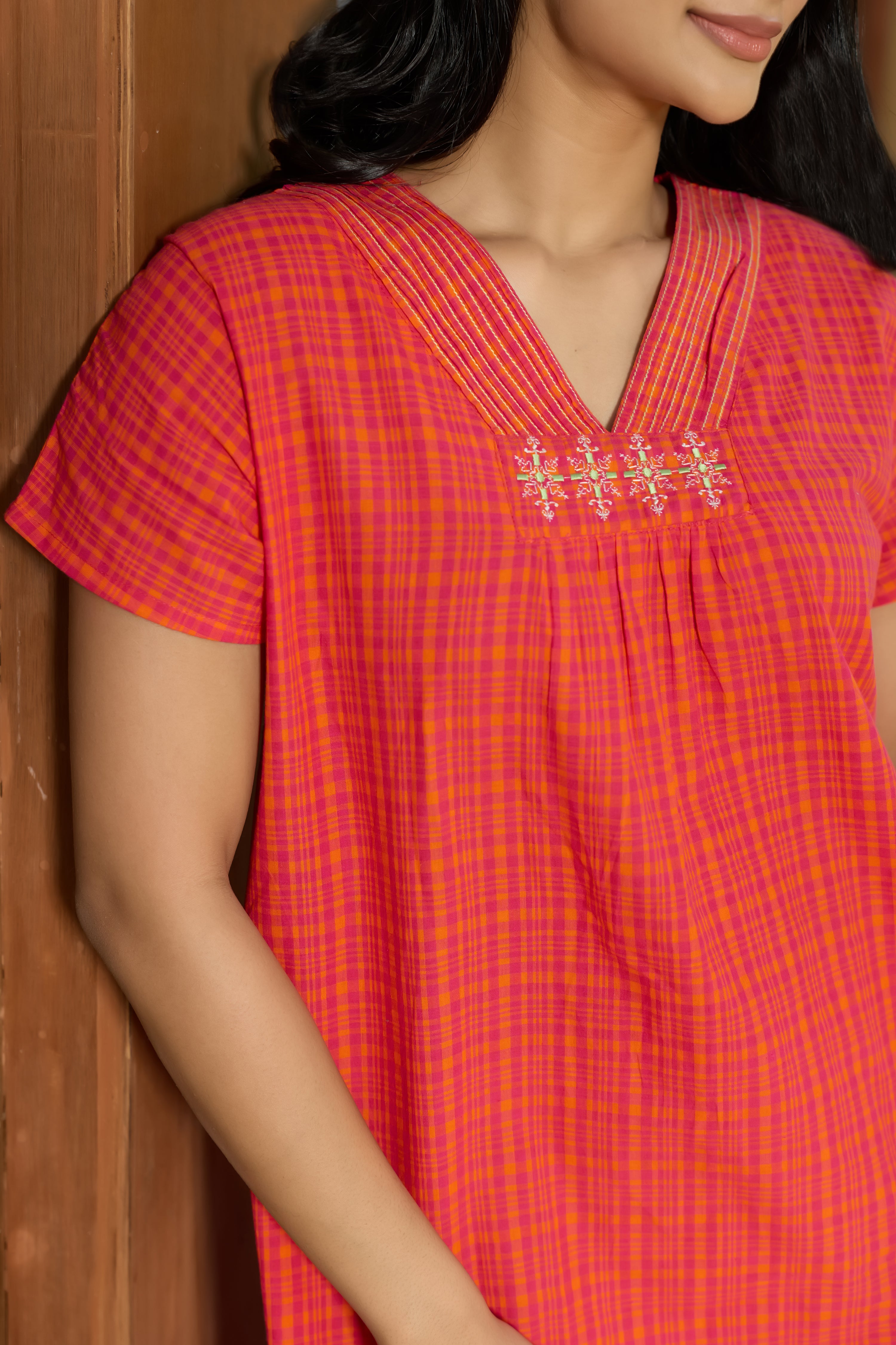 ORANGE CHECKED COTTON NIGHTWEAR