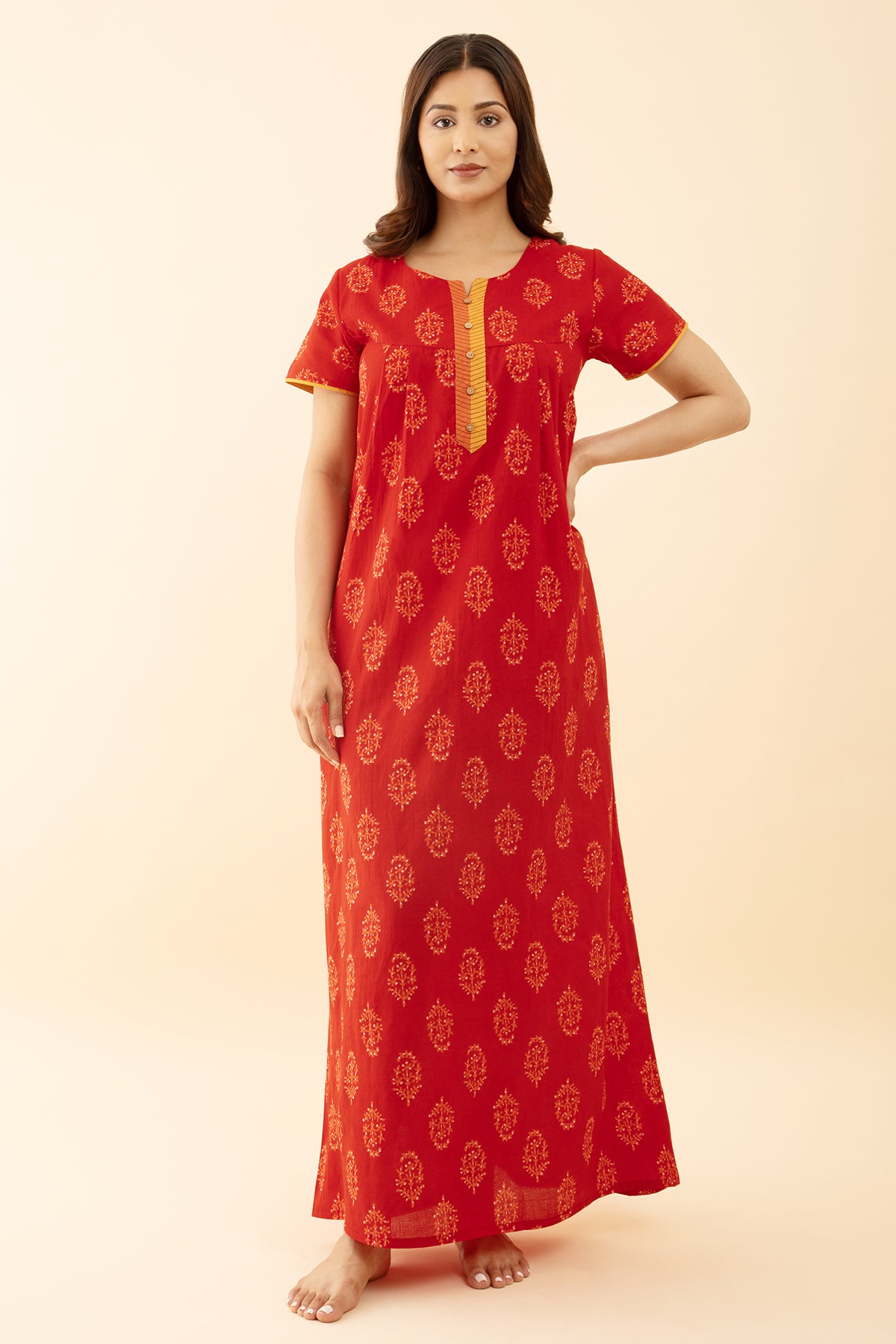 Red Floral Cotton Nighty Printed Design