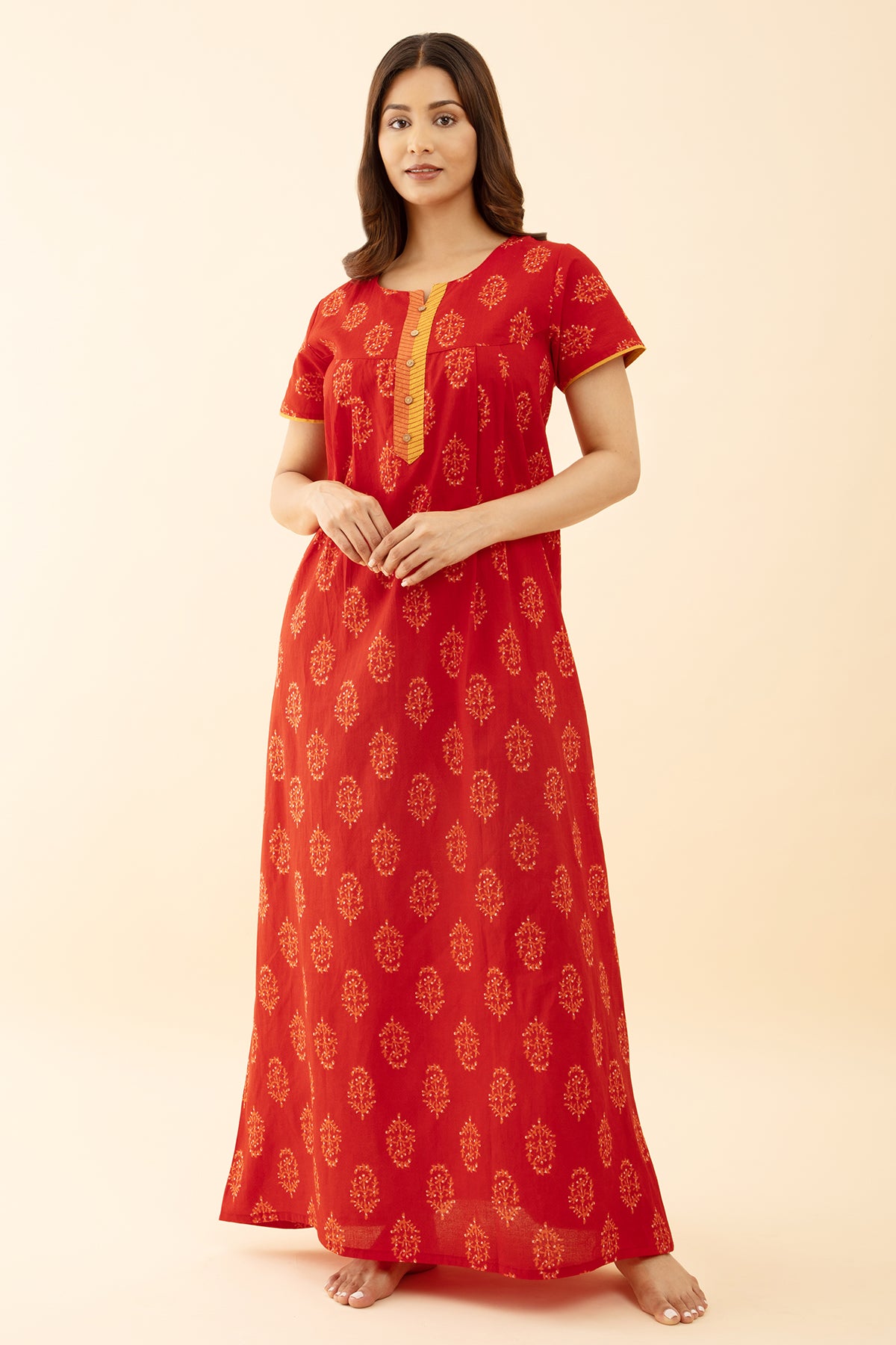 Red Floral Cotton Nighty Printed Design