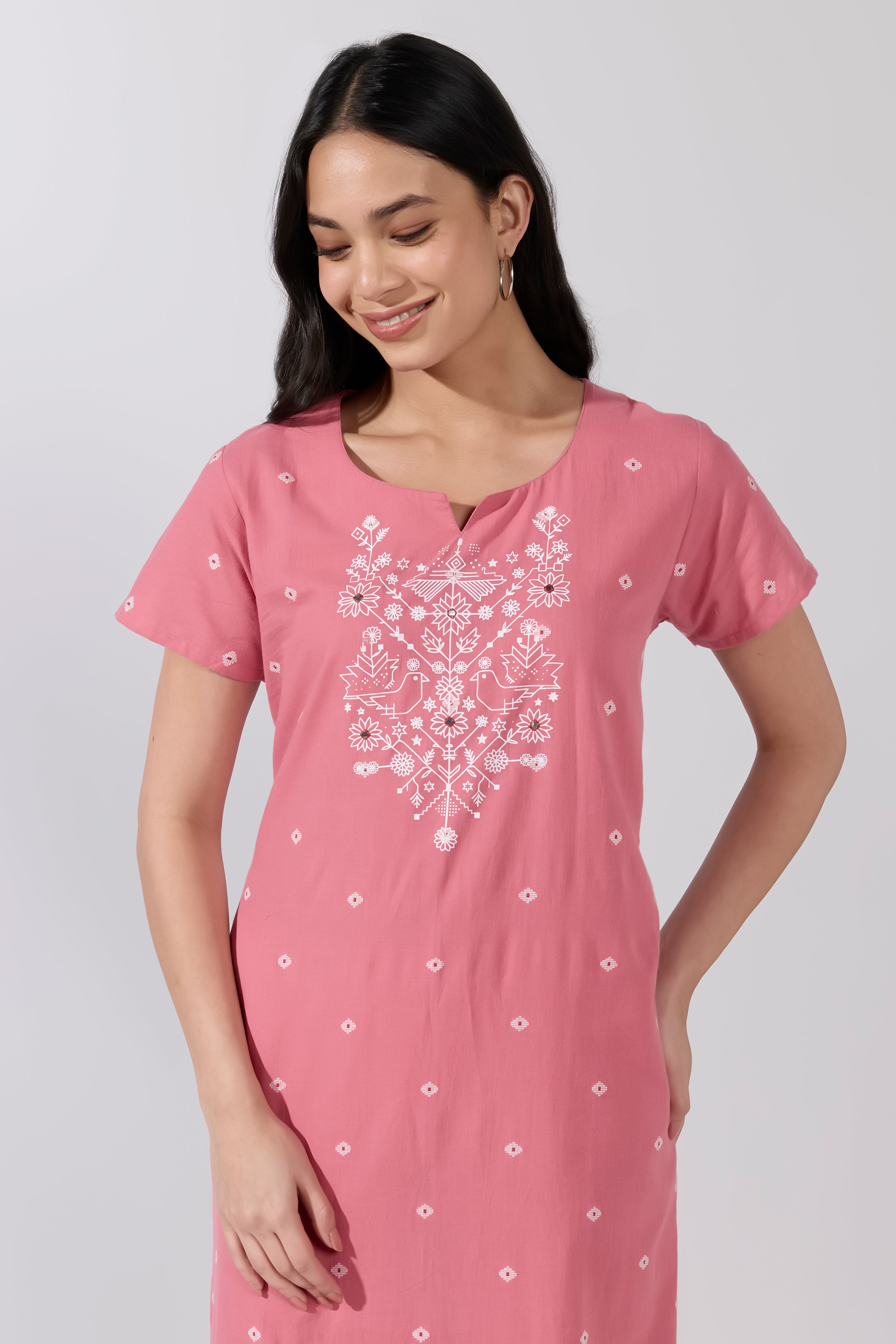 Pink Buta Printed Cotton Nightwear
