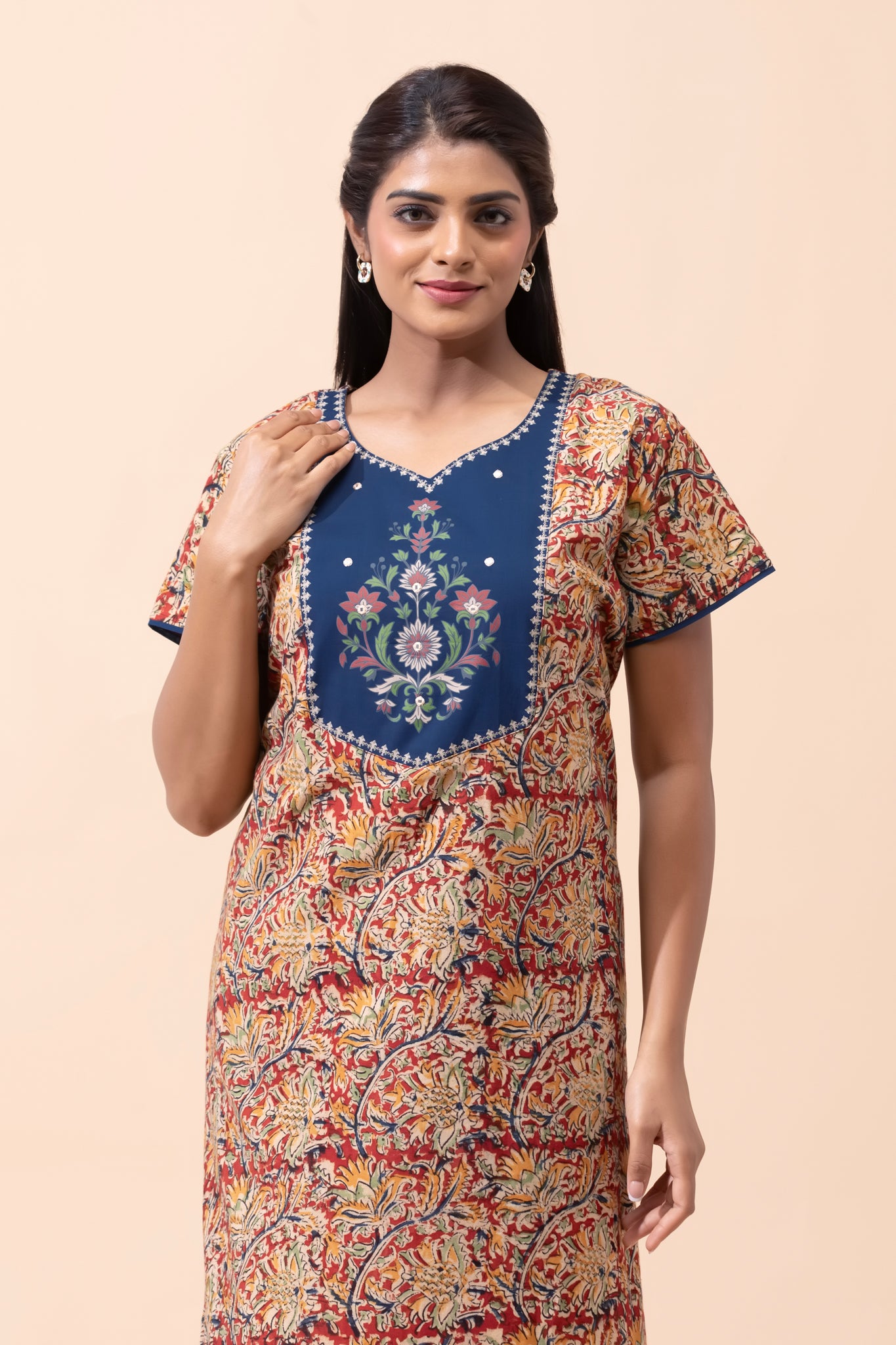 Maroon Kalamkari Cotton Nightwear