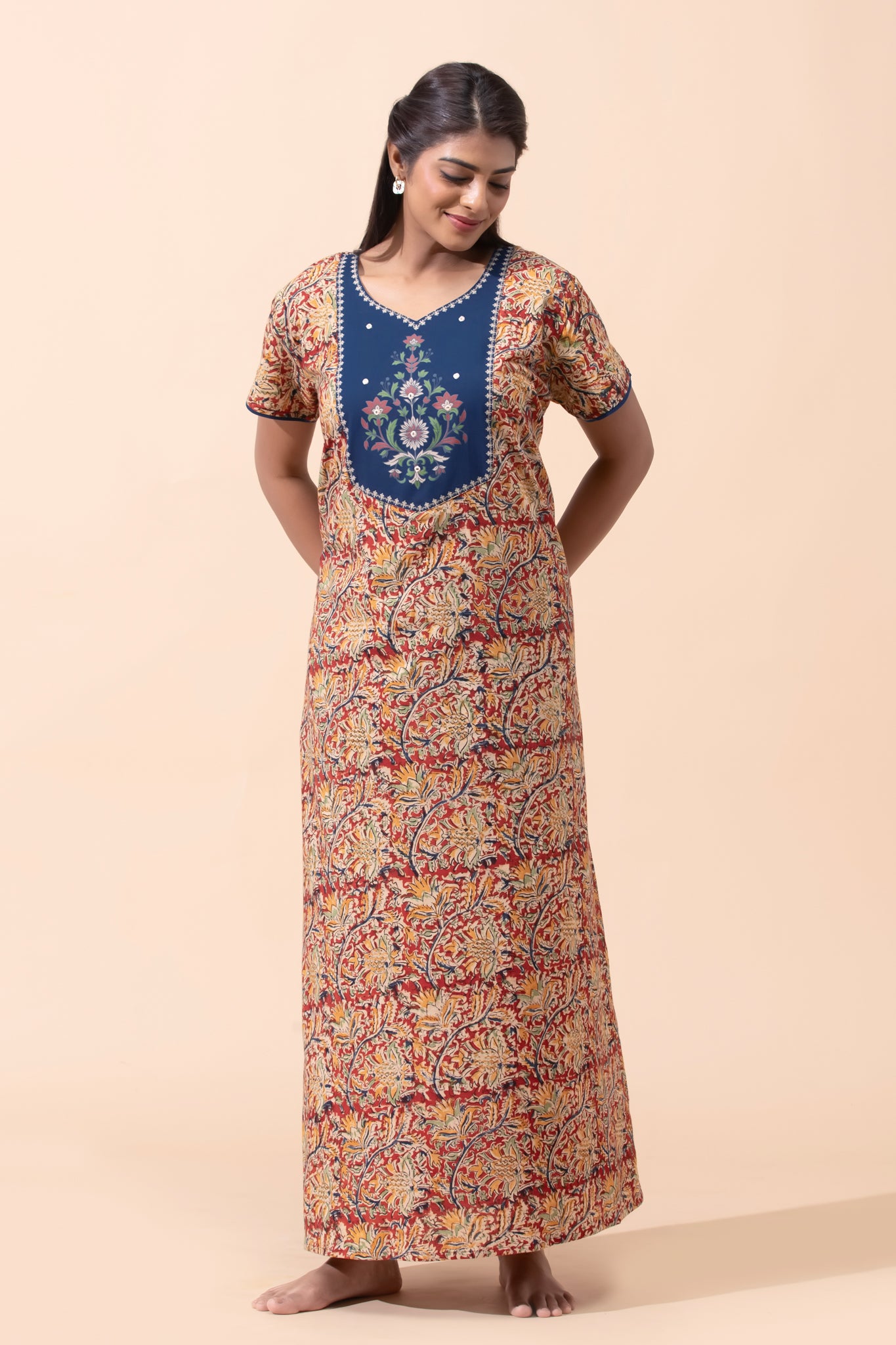 Maroon Kalamkari Cotton Nightwear