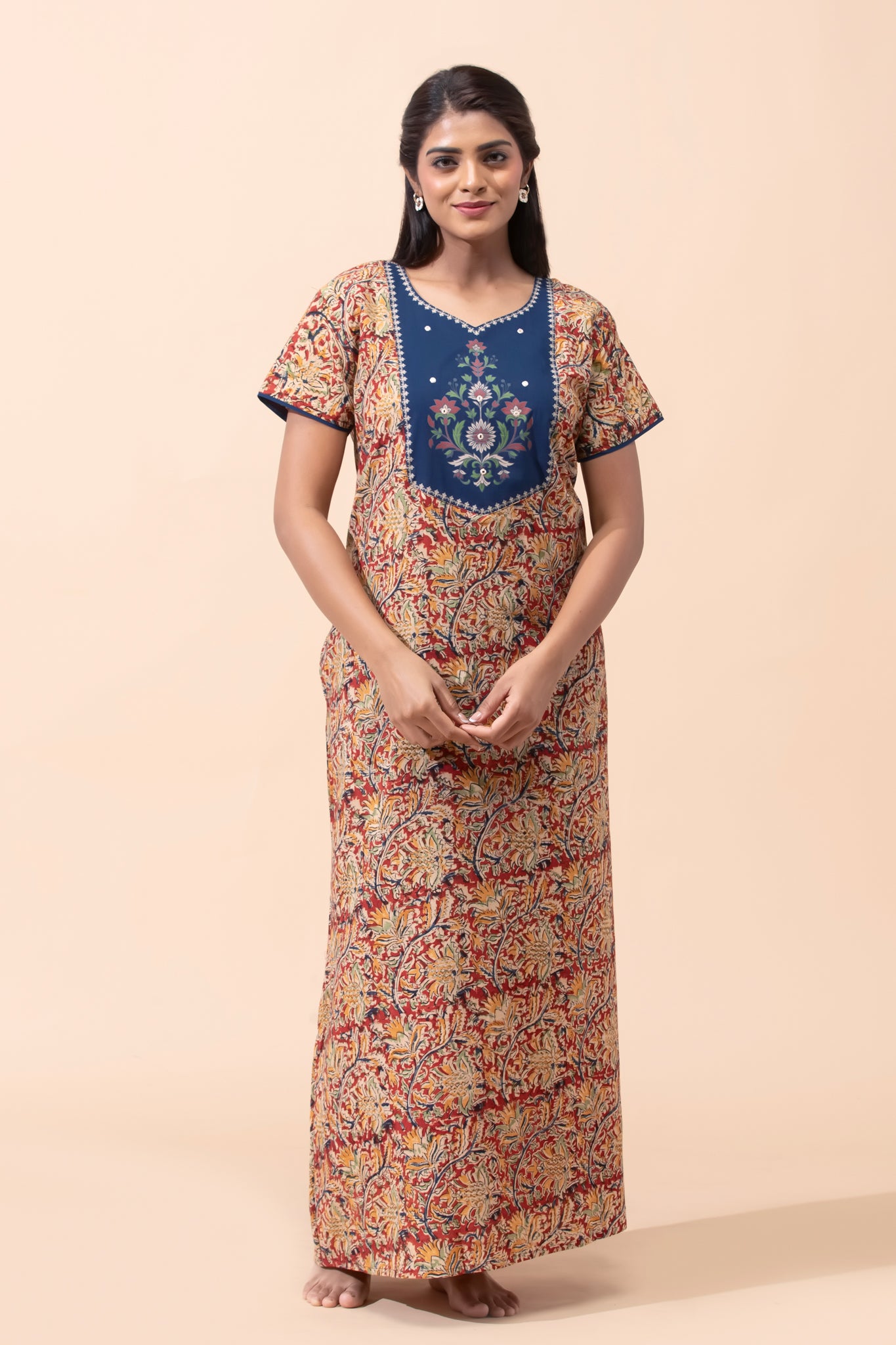 Maroon Kalamkari Cotton Nightwear