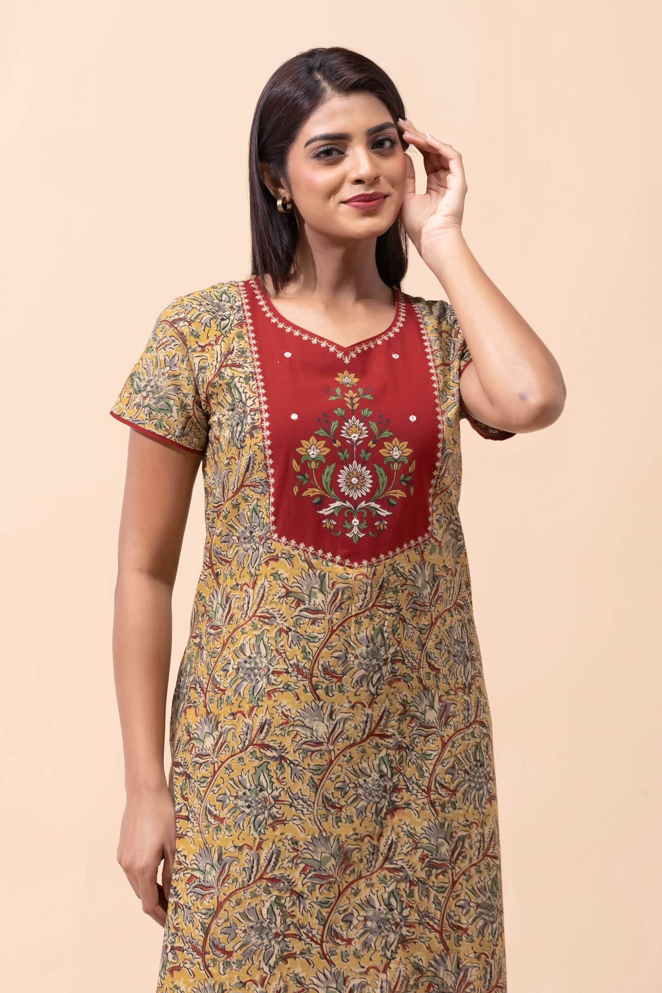 Mustard Kalamkari Cotton Nightwear
