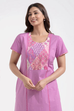 Solid Purple Nighty with Indie PRinted Yoke Patchwork