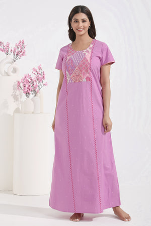 Solid Purple Nighty with Indie PRinted Yoke Patchwork