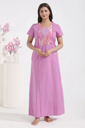 Solid Purple Nighty with Indie PRinted Yoke Patchwork