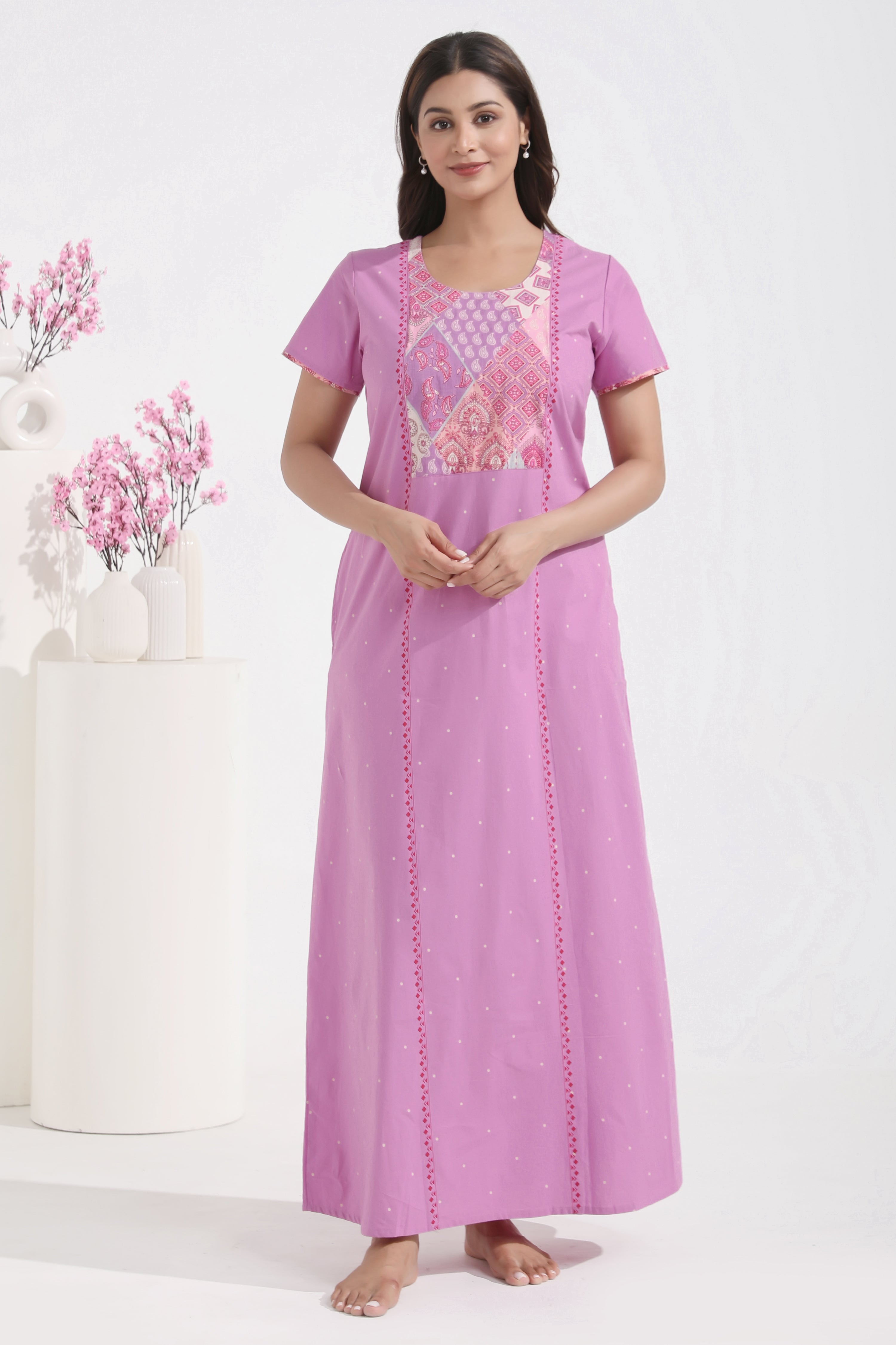 Solid Purple Nighty with Indie PRinted Yoke Patchwork