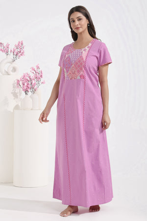 Solid Purple Nighty with Indie PRinted Yoke Patchwork