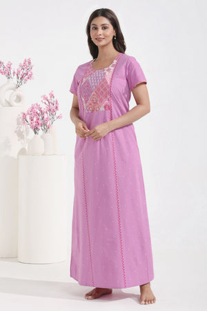 Solid Purple Nighty with Indie PRinted Yoke Patchwork