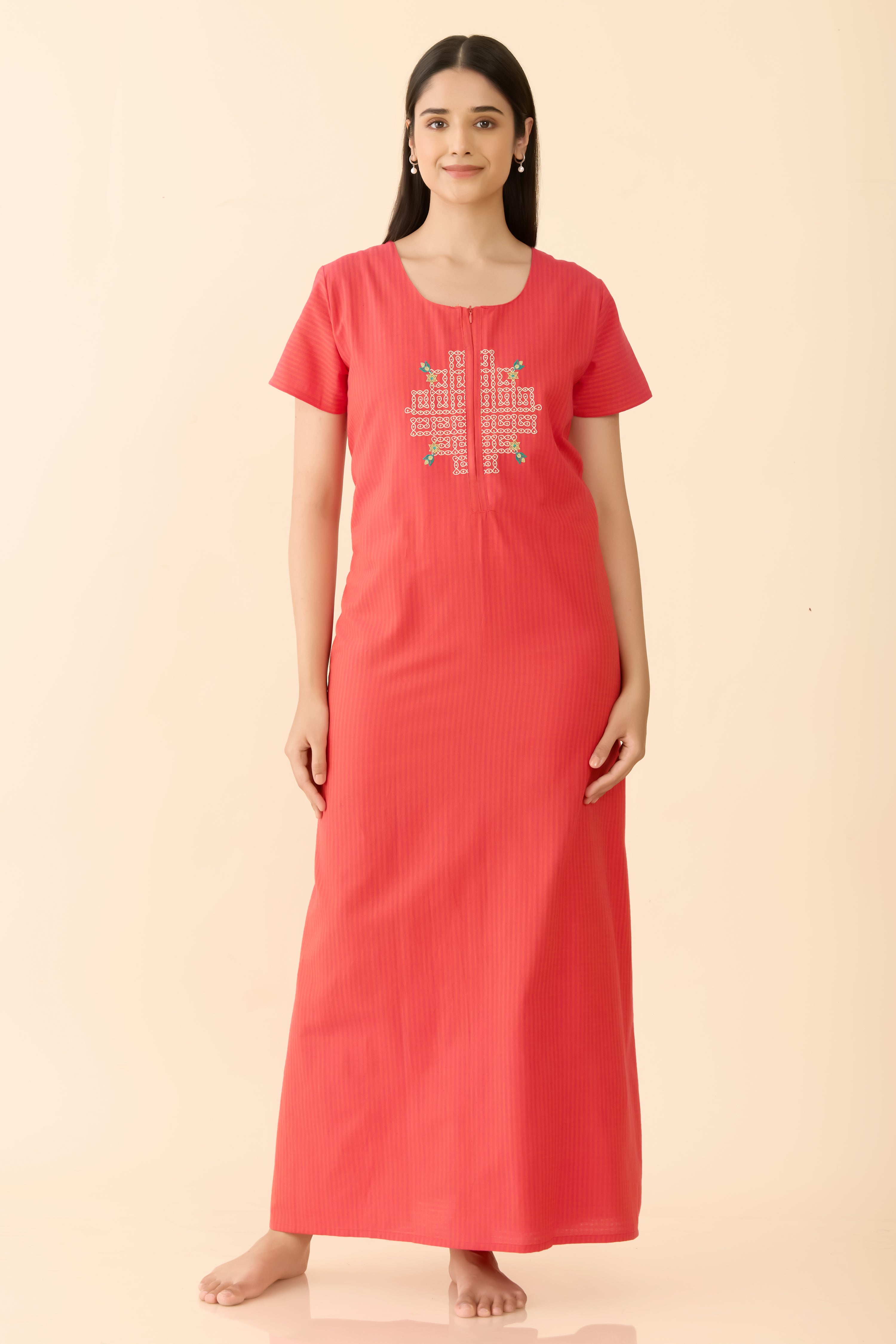 Nagri Orange Cotton Nighty wih Kolam Embroidered Yoke