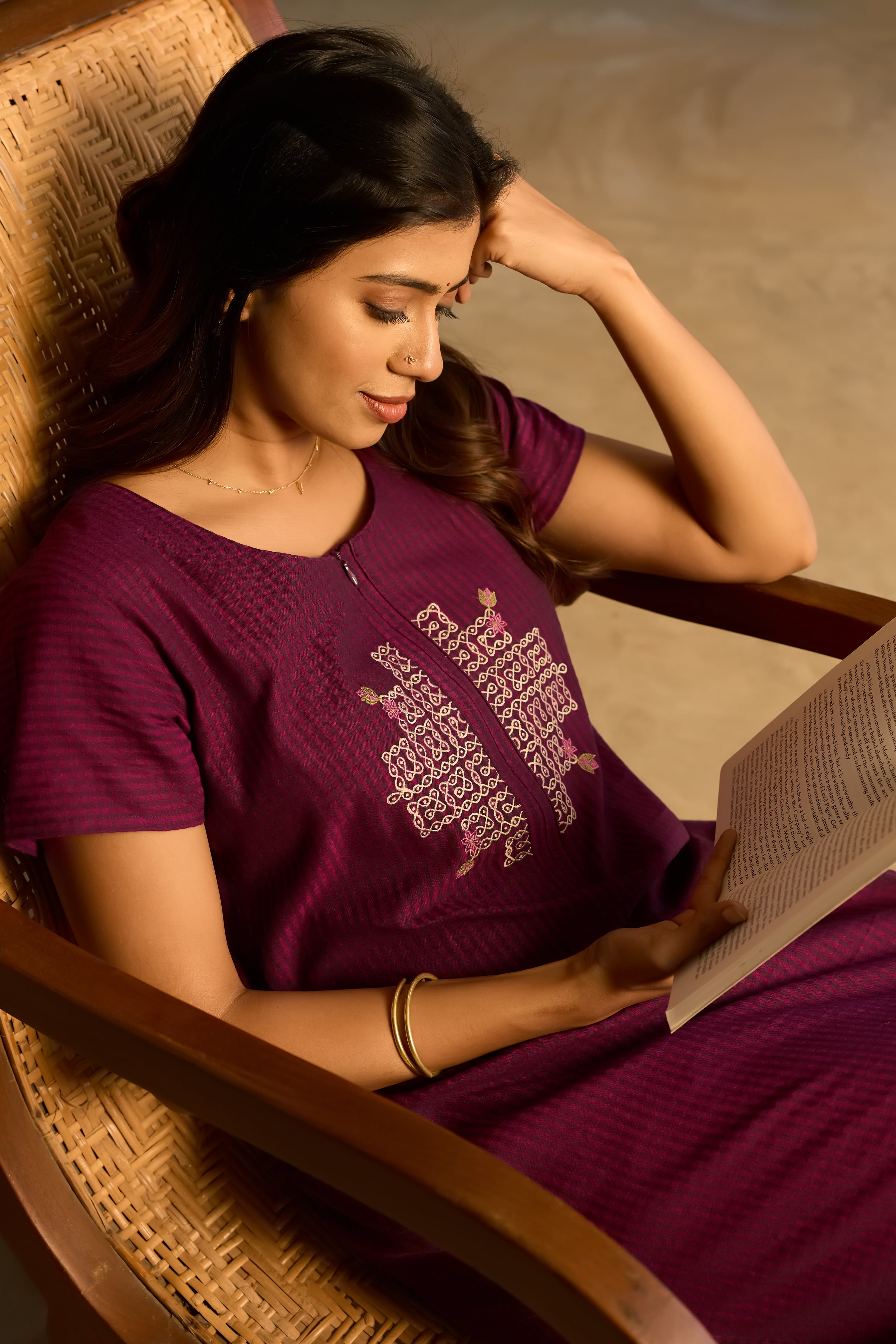Purple Cotton Nighty with Kolam Embroidered Yoke