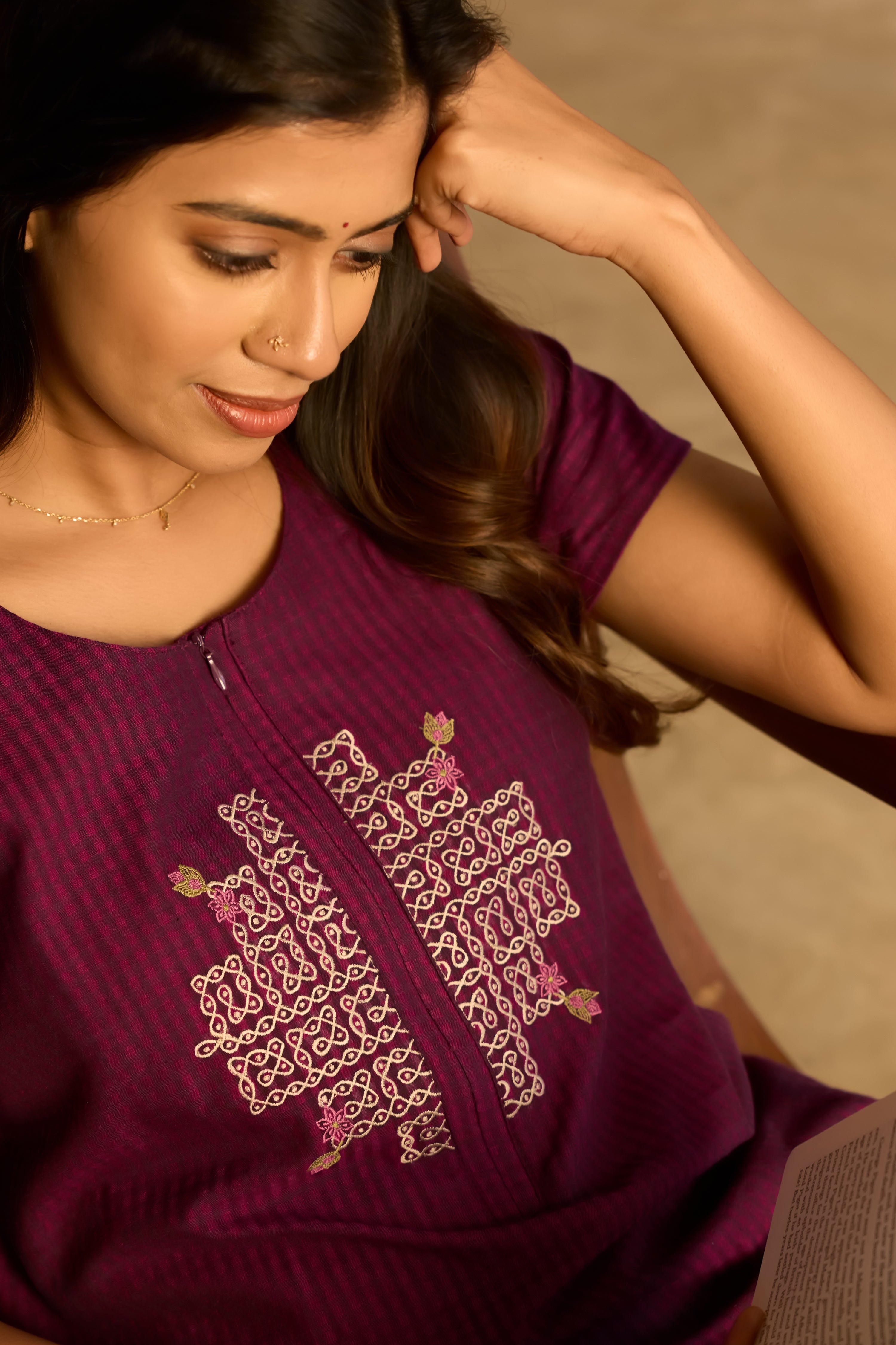 Purple Cotton Nighty with Kolam Embroidered Yoke