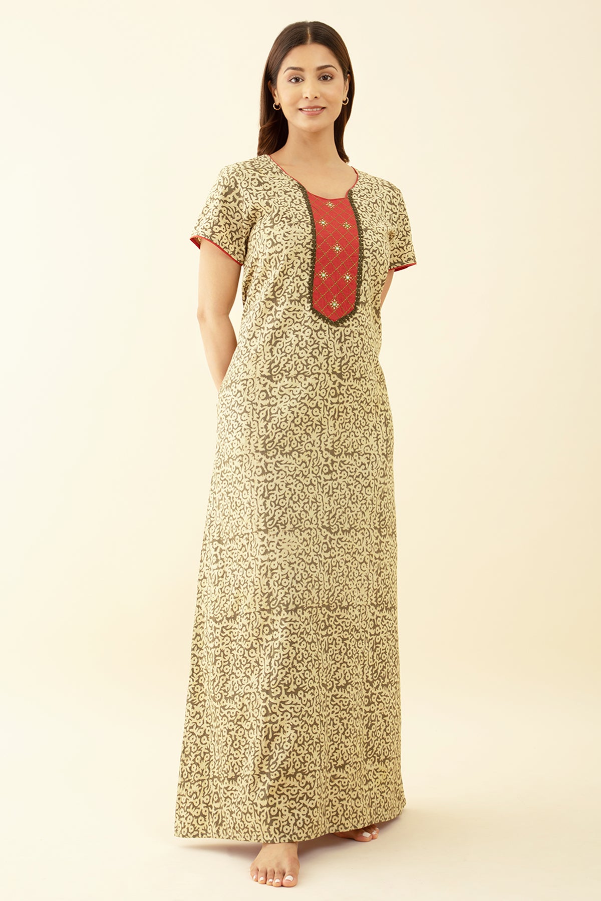Green Nighty Patchwork Embroidery with Mirror Accents