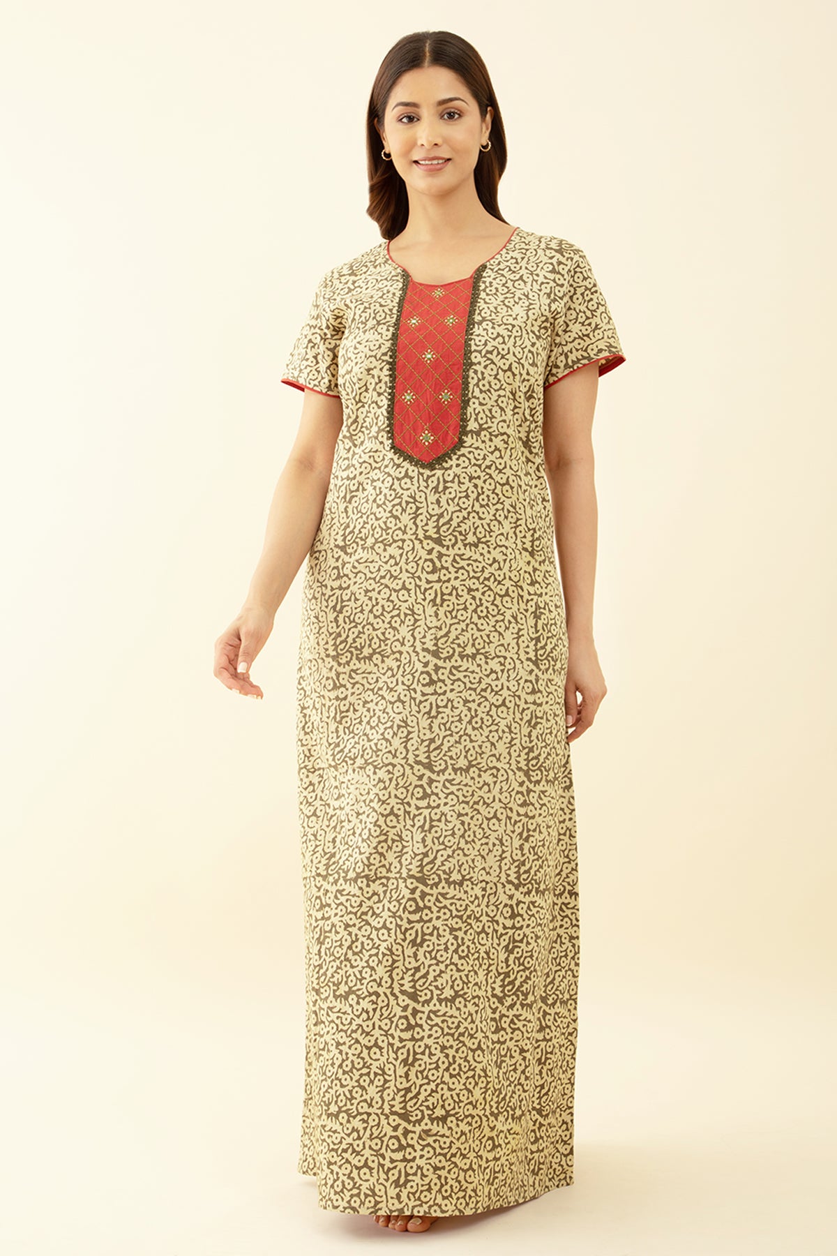 Green Nighty Patchwork Embroidery with Mirror Accents