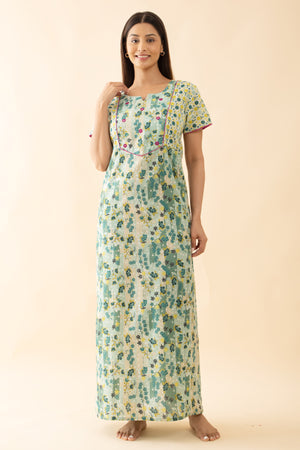 Floral Printed Nighty with Foil Mirror Embellishment - Green