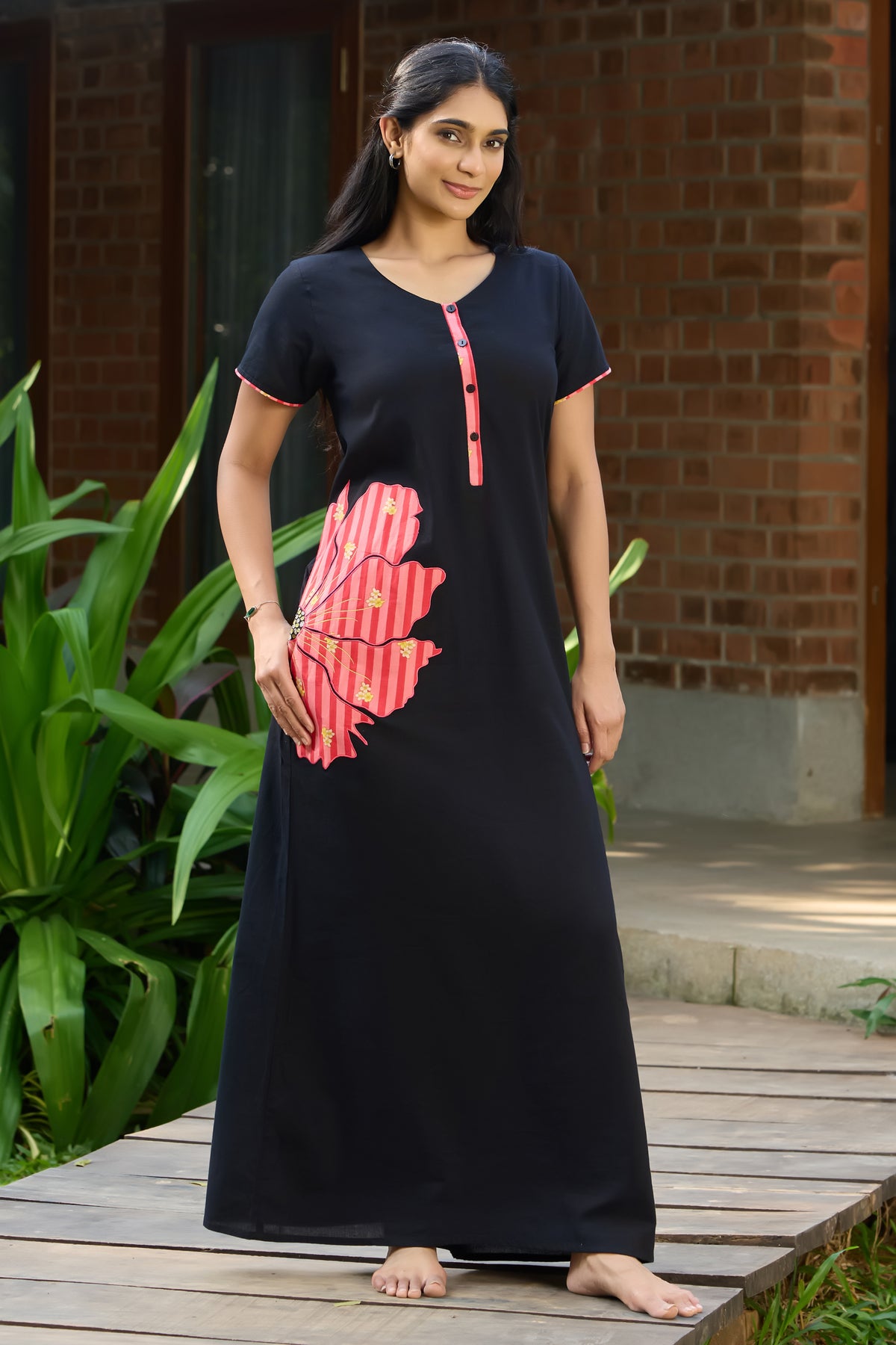 Black Floral Applique Cotton Nightwear