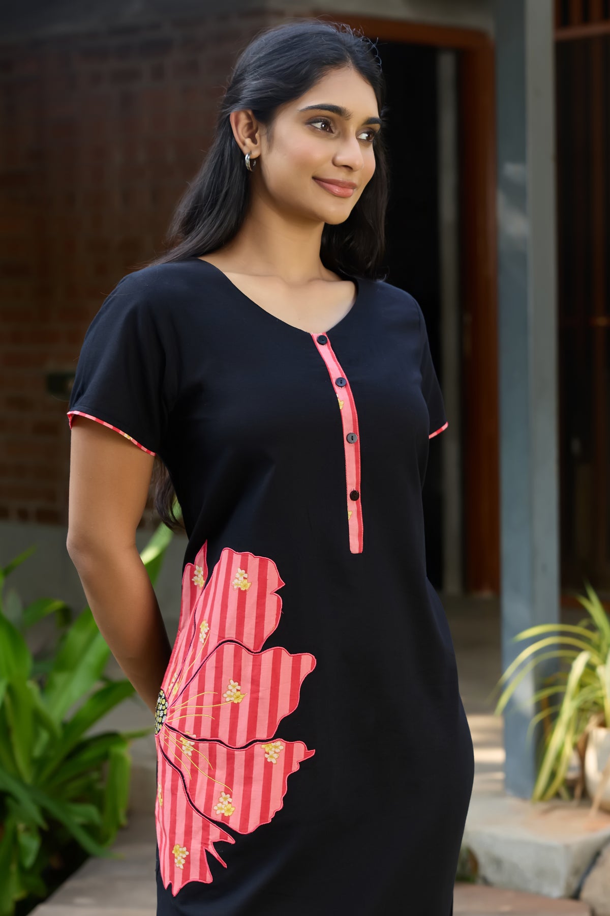 Black Floral Applique Cotton Nightwear