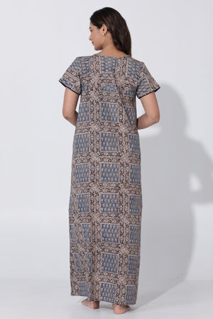 Blue & Black Kalamkari Nighty with Foil Mirror Yoke