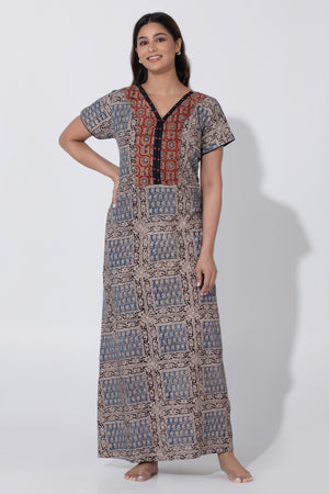 Blue & Black Kalamkari Nighty with Foil Mirror Yoke