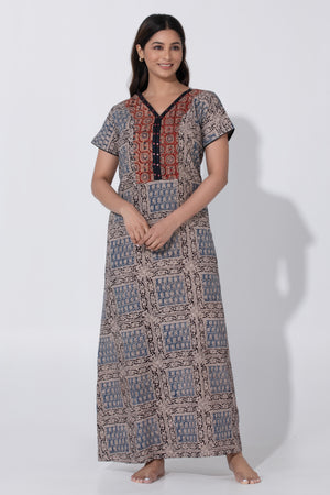 Blue & Black Kalamkari Nighty with Foil Mirror Yoke