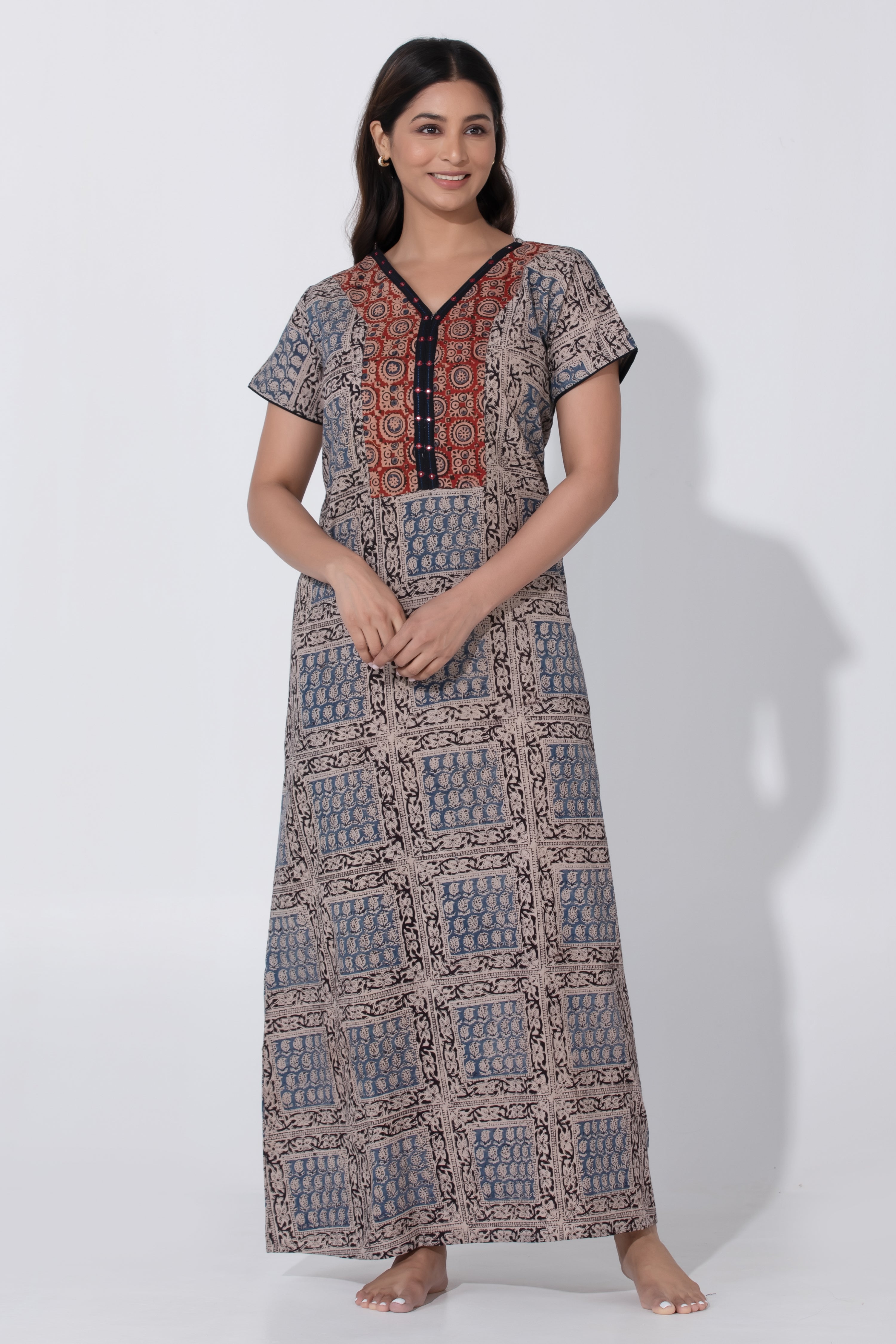 Blue & Black Kalamkari Nighty with Foil Mirror Yoke