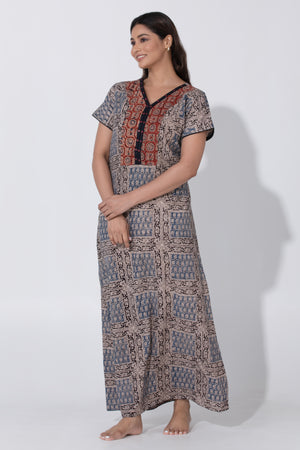 Blue & Black Kalamkari Nighty with Foil Mirror Yoke