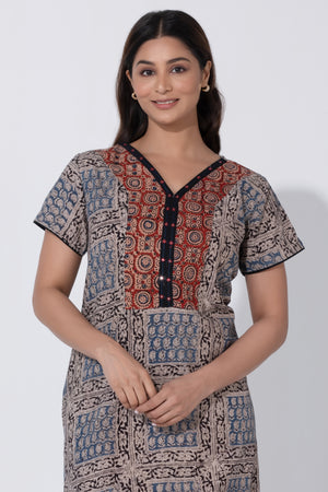 Blue & Black Kalamkari Nighty with Foil Mirror Yoke