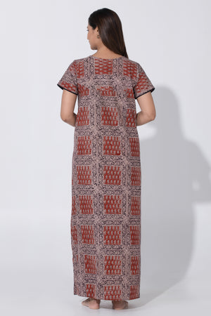 Maroon & Black Kalamkari Nighty with Foil Mirror Yoke