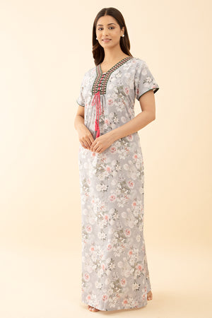 Embroidered Pink Nighty with Floral Printed