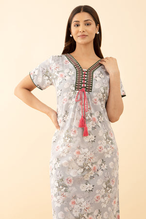 Embroidered Pink Nighty with Floral Printed
