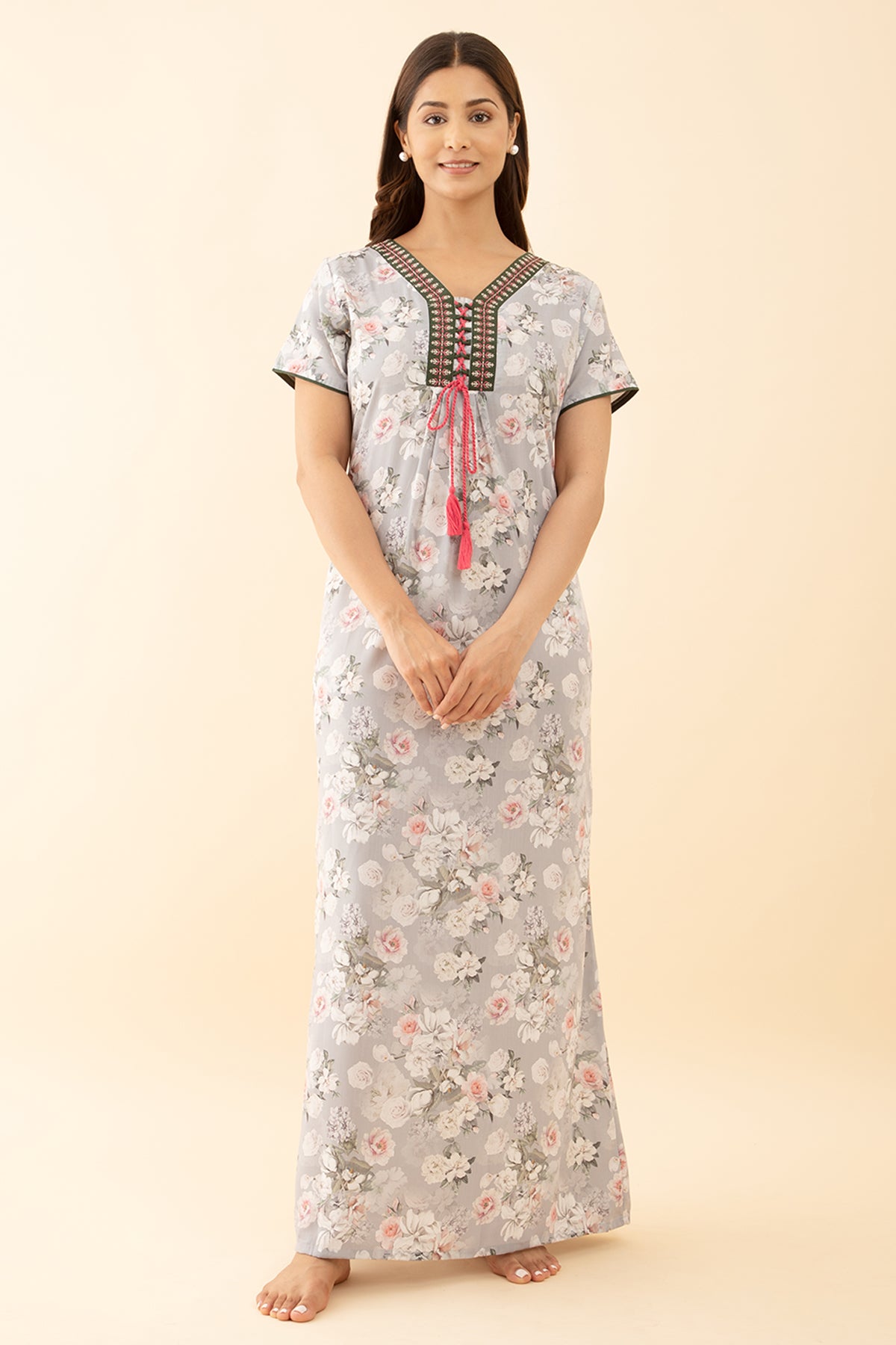 Embroidered Pink Nighty with Floral Printed