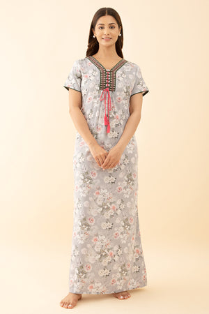 Embroidered Pink Nighty with Floral Printed