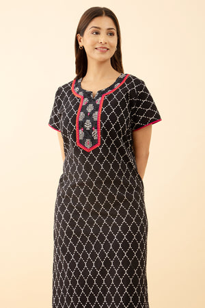 Black Embroidered Printed Nighty Geometric Designs