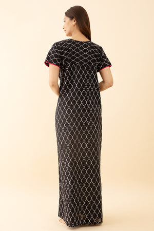 Black Embroidered Printed Nighty Geometric Designs