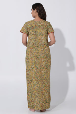 Mustard & Red Kalamkari Nighty with Geometric Yoke Design