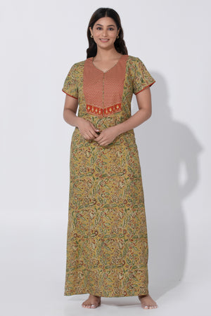 Mustard & Red Kalamkari Nighty with Geometric Yoke Design