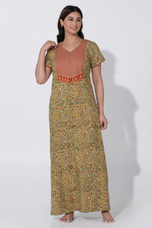 Mustard & Red Kalamkari Nighty with Geometric Yoke Design