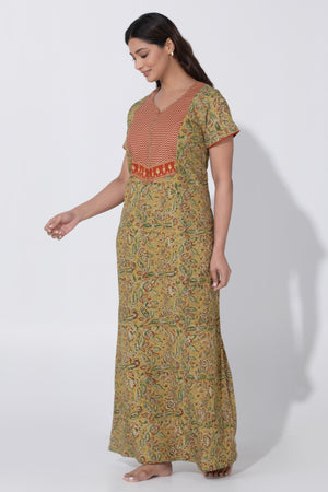 Mustard & Red Kalamkari Nighty with Geometric Yoke Design