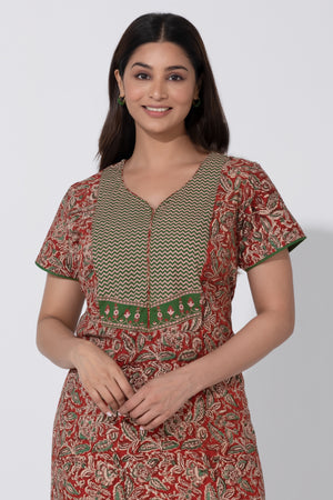 Red Kalamkari Printed Nighty with Geometric Yoke Design